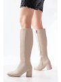 RS-2432 Bej Topuklu Fermuarlı Günlük Kadın Çizme