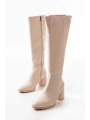 RS-2432 Bej Topuklu Fermuarlı Günlük Kadın Çizme
