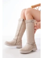 02-307 Bej Düz Topuklu Günlük Bayan Binici Çizme