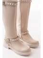 02-307 Bej Düz Topuklu Günlük Bayan Binici Çizme