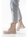 02-356 Bej Düz Topuklu Bağcıklı Fermuarlı Günlük Kadın Bot