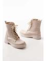 02-356 Bej Düz Topuklu Bağcıklı Fermuarlı Günlük Kadın Bot