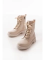 02-356 Bej Düz Topuklu Bağcıklı Fermuarlı Günlük Kadın Bot