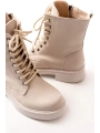 02-356 Bej Düz Topuklu Bağcıklı Fermuarlı Günlük Kadın Bot