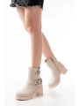 5109-3028 Bej Toka Aksesuarlı Fermuarlı Topuklu Günlük Kadın Bot