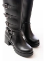 5109-3015 Siyah Topuklu Fermuarlı Toka Aksesuarlı Günlük Kadın Çizme