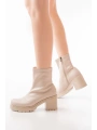 767-3012 Streç Bej Fermuarlı Kalın Topuklu Günlük Kadın Bot