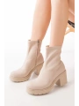 767-3012 Streç Bej Fermuarlı Kalın Topuklu Günlük Kadın Bot