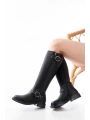 2024-3004 Siyah Toka Aksesuarlı Lastikli Fermuarlı Günlük Kadın Çizme