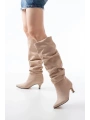 SR-2001 Bej Süet İnce Topuklu Günlük Bayan Çizme
