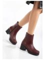 5109-3022 Bordo Fermuarlı Kalın Topuklu Günlük Kadın Bot