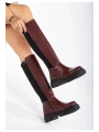 812-305 Bordo Arkası Streç Fermuarlı Günlük Kadın Çizme