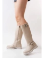 02-312 Bej Toka Aksesuarlı Fermuarlı Günlük Kadın Çizme