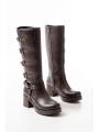5109-3015 Kahverengi Topuklu Fermuarlı Toka Aksesuarlı Günlük Kadın Çizme