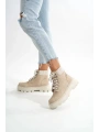 LMÇ-2045 Bej Süet Bağcıklı Kalın Taban Kadın Günlük Bot