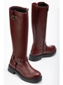02-312 Bordo Toka Aksesuarlı Fermuarlı Günlük Kadın Çizme