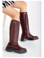 02-312 Bordo Toka Aksesuarlı Fermuarlı Günlük Kadın Çizme