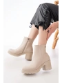 767-3020 Bej Fermuarlı Kalın Topuklu Günlük Kadın Bot
