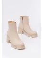 767-3020 Bej Fermuarlı Kalın Topuklu Günlük Kadın Bot