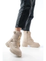 842-03 Bej Bağcıklı Kalın Tabanlı Bağcıklı Fermuarlı Günlük Kadın Bot