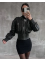 Beli büzgülü crop deri ceket siyah
