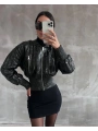 Beli büzgülü crop deri ceket siyah
