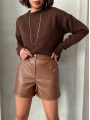 Beli lastikli çıtçıtlı deri şort kahve w241007