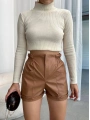 Beli lastikli deri şort kahve H24605