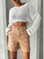 Beli lastikli duble paça deri şort bej w24755