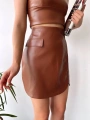 Cep detaylı oval kapaklı deri etek kahve h240048