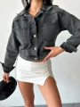 Çift cepli kol katlamalı süper taş enzim yıkama crop kot ceket füme d2000