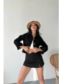 Çift cepli kol katlamalı süper taş enzim yıkamalı crop kot ceket siyah d2000