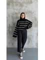 Çizgili ispanyol kol triko boğazlı kazak siyah elf