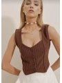 Çizgili krep düğmeli yelek kahve s3395