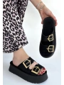 Coer Siyah Süet Çift Tokalı Terlik