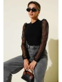 Dik yaka tül kollu bluz siyah t3066