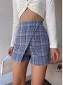 Kapaklı tüvit şort etek mavi