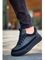 KB-006 Kuback Siyah Cilt Siyah Yüksek Taban Bağcıklı Günlük Erkek Ayakkabı