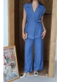 Keten yelek pantolon takım indigo pt