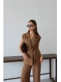 Keten yelek pantolon takım kahve pt