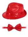 Kırmızı Payetli Şapka Ve Papyon Seti – Parıltılı Yetişkin Kostüm Seti