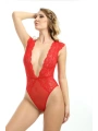Kırmızı Yarım Kol Dantel Bodysuit - 896