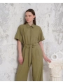 Kuşaklı gömlek yaka salaş tulum haki s255822