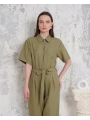 Kuşaklı gömlek yaka salaş tulum haki s255822