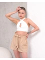 Kuşaklı keten şort bej s255265