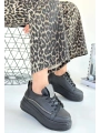 Leope Siyah Cilt Bağcıklı Spor Ayakkabı