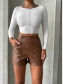 Parçalı cepli deri şort taba w26312