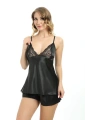 Siyah Saten Babydoll Şortlu Takım - 305