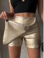 Taşlı şort etek deri gold h240018