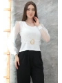 Tokalı tül kollu bluz beyaz t4071